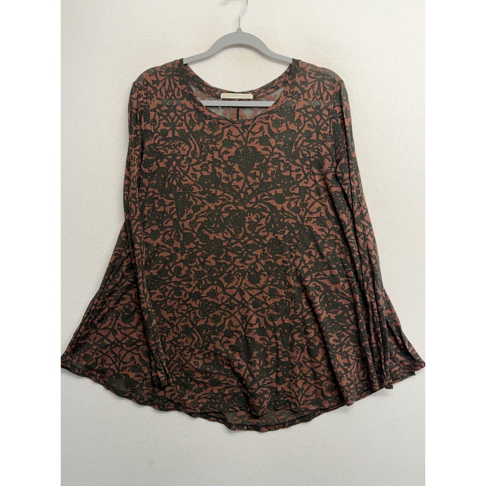 Peruvian Connection Womens XS/S Brown Black Print Long Sleeve A-Line Tunic Top